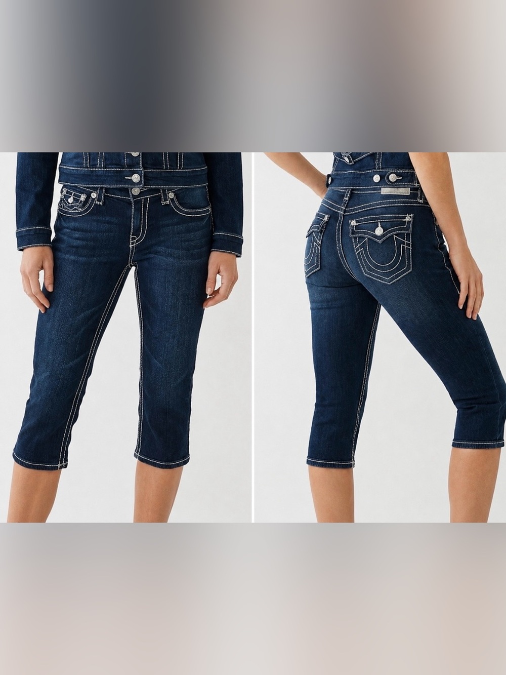 L.A. IDOL Dark Indigo Women's Crop Jeans with Contrast Stitching & jewel buttons